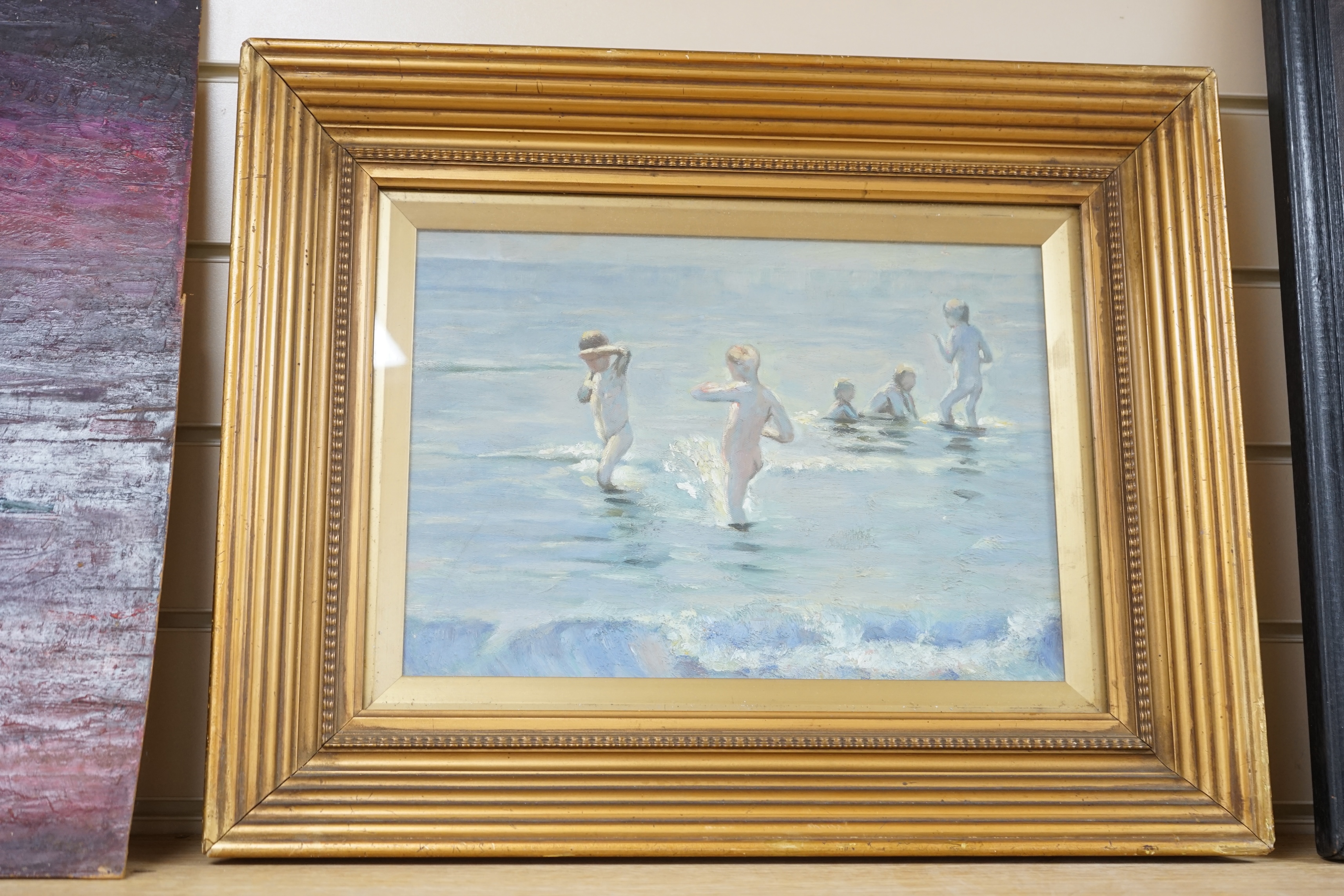 Impasto oil on canvas board, Children bathing, unsigned, 24 x 34cm, gilt framed. Condition - good